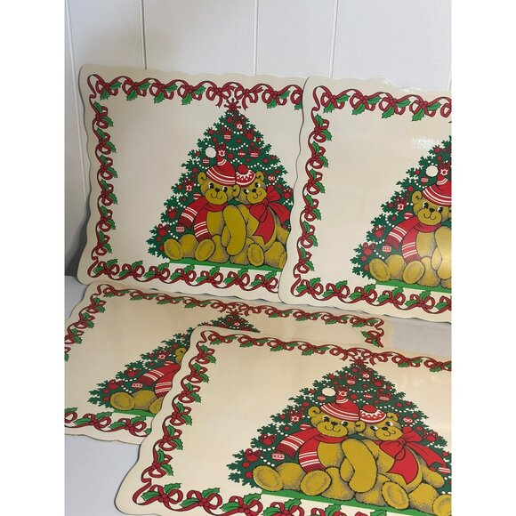 VTG 90s Christmas Teddy Bear & Tree Placemats - Holiday Dining Decor - Set of 4 - Picture 3 of 5